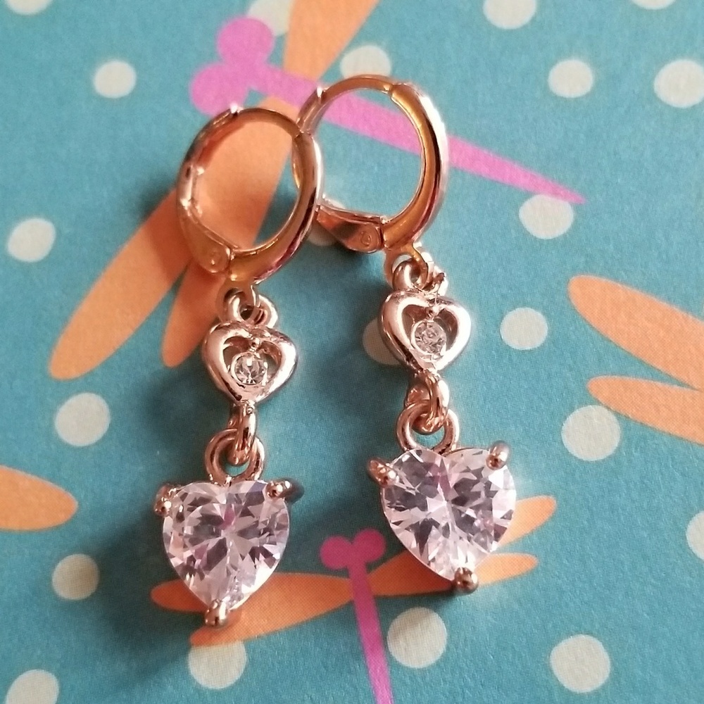 Heart earrings rose gold tone dangly elegant clear gems valentine's day